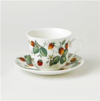 Tasse déjeuner avec soucoupe en porcelaine Bone China décor fraises 45cl