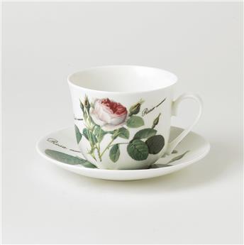 Tasse déjeuner avec soucoupe en porcelaine Bone China décor roses 45cl