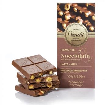 Tablette Nocciolata VENCHI chocolat au lait 30% et noisettes entières du Piémont I.G.P 100g