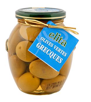 Olives vertes Grecques (en saumure et non dénoyautées) 390g