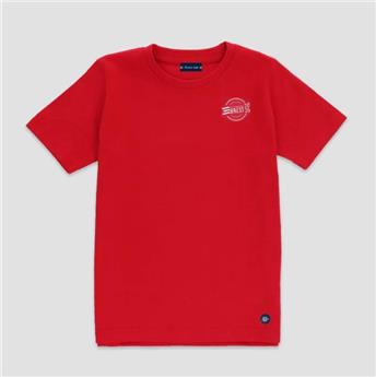 T-shirt col V enfant officiel BREST 2024 manches courtes couleur rouge. Collection Fêtes Maritimes.